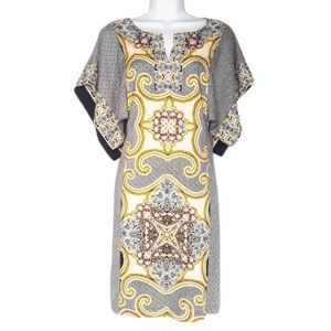 NEW YORK & COMPANY Yellow Black Ornate Print Flounce Short Sleeve Dress Small